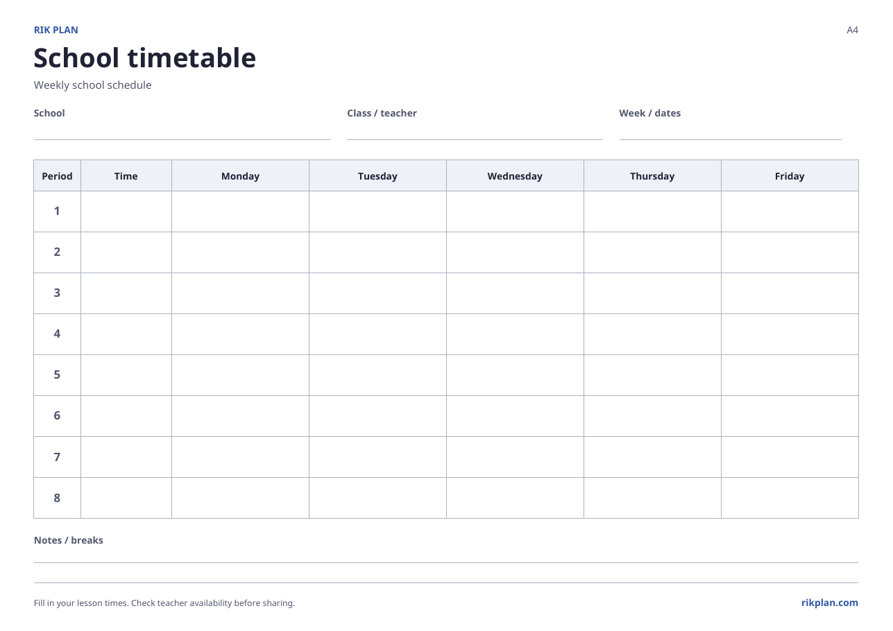 Blank weekly timetable with five weekday columns, eight lesson rows and a time column.