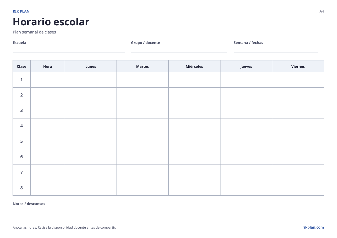 Horario semanal vacío con cinco días hábiles, ocho filas de clases y una columna de horas.