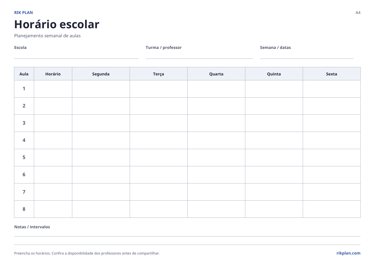 Horário semanal em branco com cinco dias úteis, oito linhas de aulas e coluna de horários.